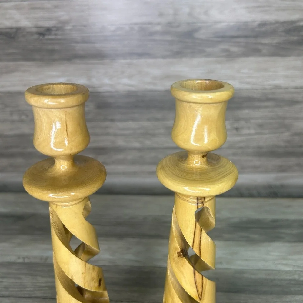 Bethlehem Candle Stick Holders Hand Carved Olive Wood‎ Spiral Pair 2 Set Israel
